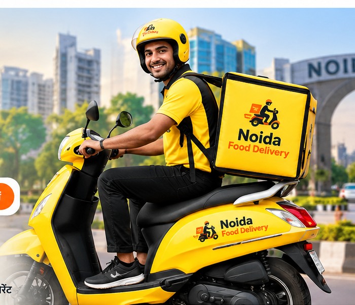 Noida Food Delivery नाम वाले डिलीवरी बैग के साथ स्कूटर पर डिलीवरी पार्टनर